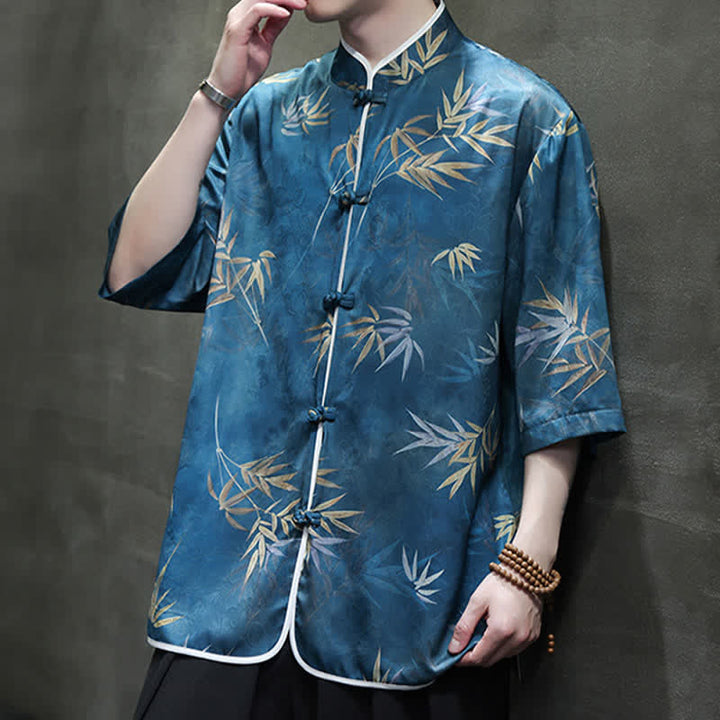 Buddha Stones Spring Summer Vintage Tang Style Mandarin Collar Bamboo Print Men's Elbow-Length Sleeve Shirts - image 21