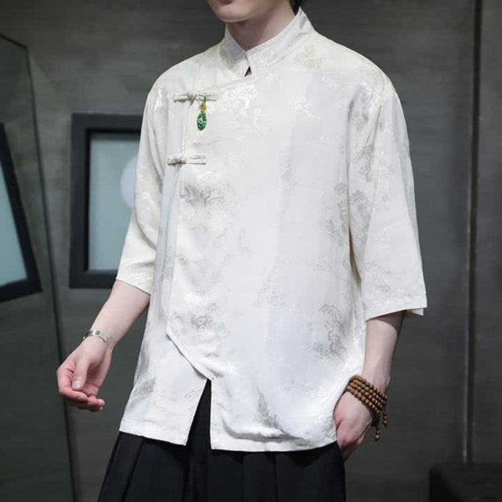 Buddha Stones Spring Tang Style Elegant Mandarin Collar Frog Button Men's Elbow-Length Sleeve Shirts - image 2