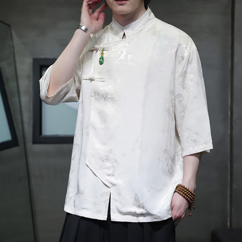 Buddha Stones Spring Tang Style Elegant Mandarin Collar Frog Button Men's Elbow-Length Sleeve Shirts - image 3