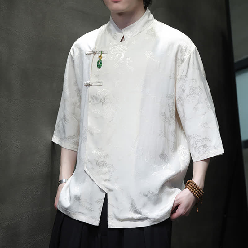Buddha Stones Spring Tang Style Elegant Mandarin Collar Frog Button Men's Elbow-Length Sleeve Shirts - White - US/UK/AU46，EU56 (5XL) - image 0