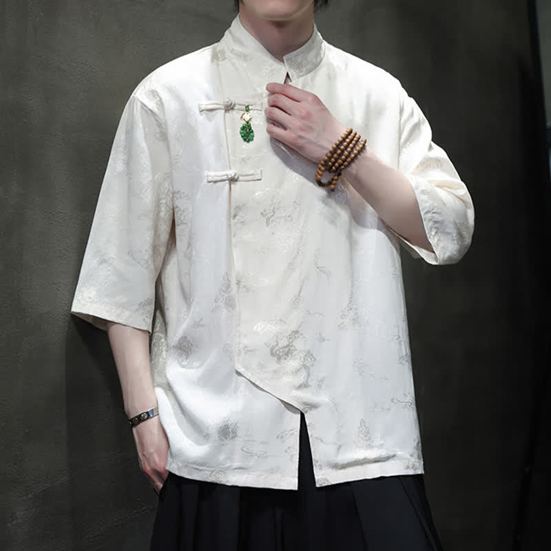 Buddha Stones Spring Tang Style Elegant Mandarin Collar Frog Button Men's Elbow-Length Sleeve Shirts - image 7