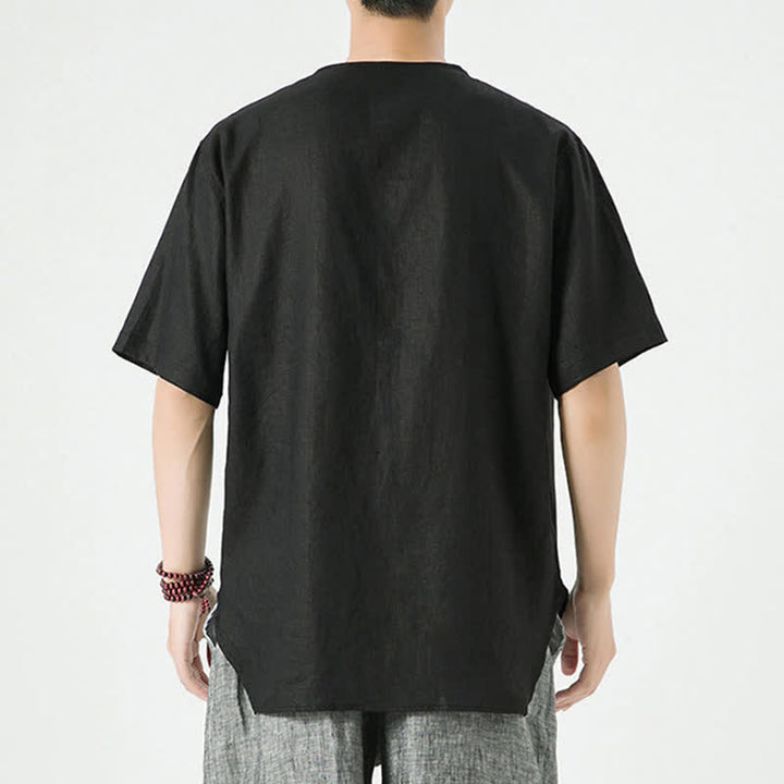 Buddha Stones Summer Casual Minimalist Side Slit Solid Crew Neck Linen Men's Short Sleeve Shirts - image 15