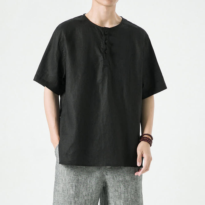Buddha Stones Summer Casual Minimalist Side Slit Solid Crew Neck Linen Men's Short Sleeve Shirts - image 13