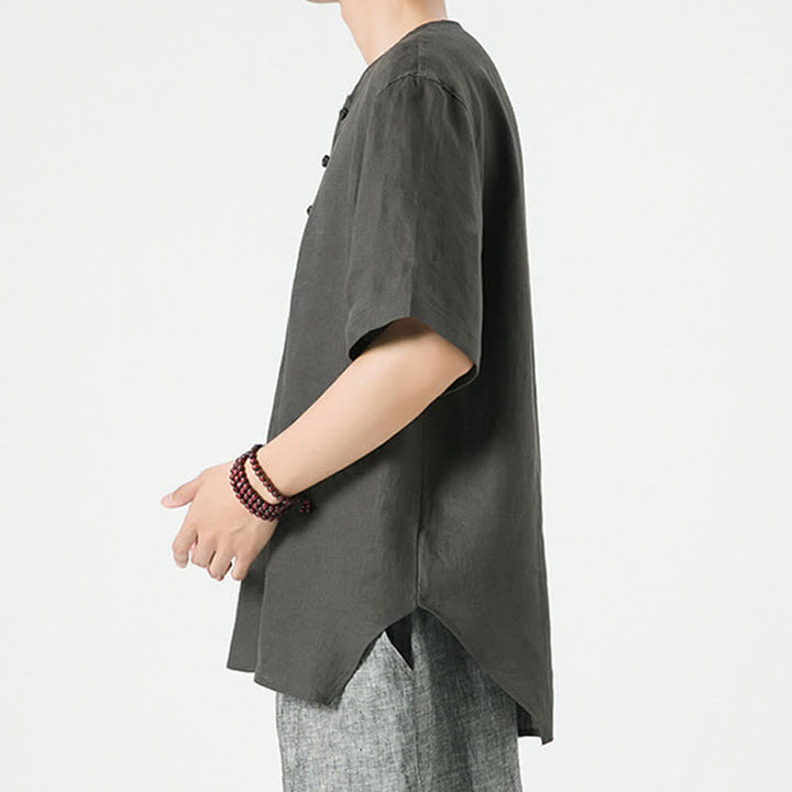 Buddha Stones Summer Casual Minimalist Side Slit Solid Crew Neck Linen Men's Short Sleeve Shirts - image 27