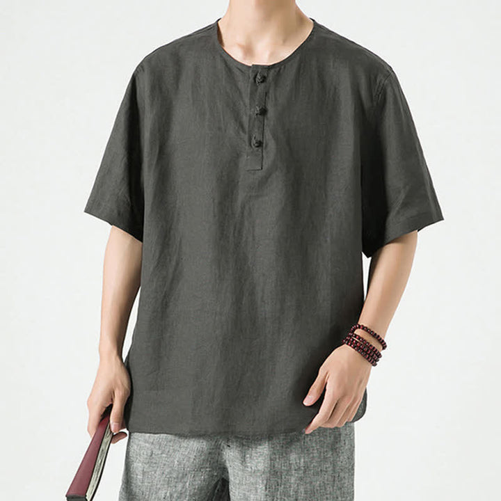 Buddha Stones Summer Casual Minimalist Side Slit Solid Crew Neck Linen Men's Short Sleeve Shirts - image 30