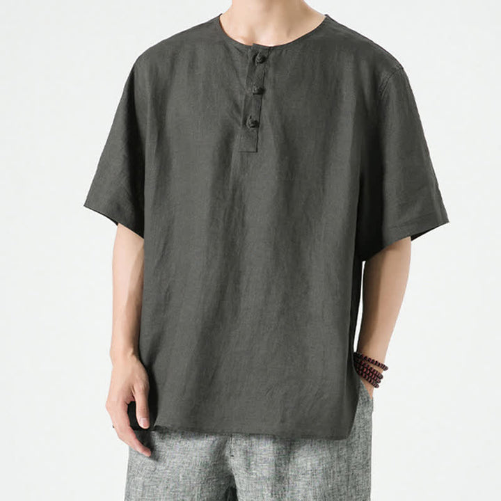 Buddha Stones Summer Casual Minimalist Side Slit Solid Crew Neck Linen Men's Short Sleeve Shirts - DimGray - US/UK/AU46，EU56 (5XL) - image 24
