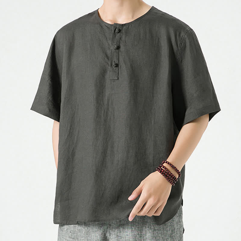 Buddha Stones Summer Casual Minimalist Side Slit Solid Crew Neck Linen Men's Short Sleeve Shirts - image 29