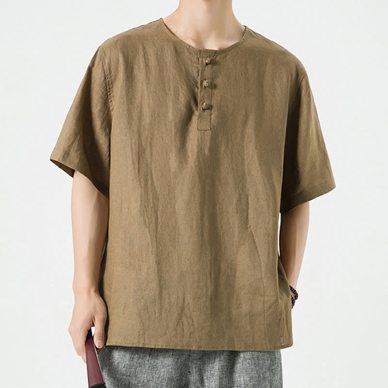 Buddha Stones Summer Casual Minimalist Side Slit Solid Crew Neck Linen Men's Short Sleeve Shirts - image 37