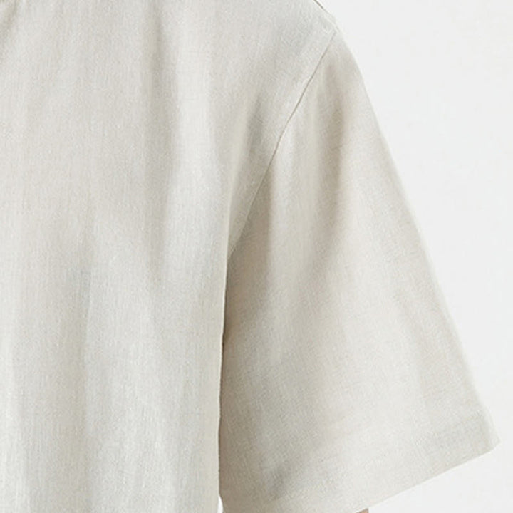 Buddha Stones Summer Casual Minimalist Side Slit Solid Crew Neck Linen Men's Short Sleeve Shirts - image 9