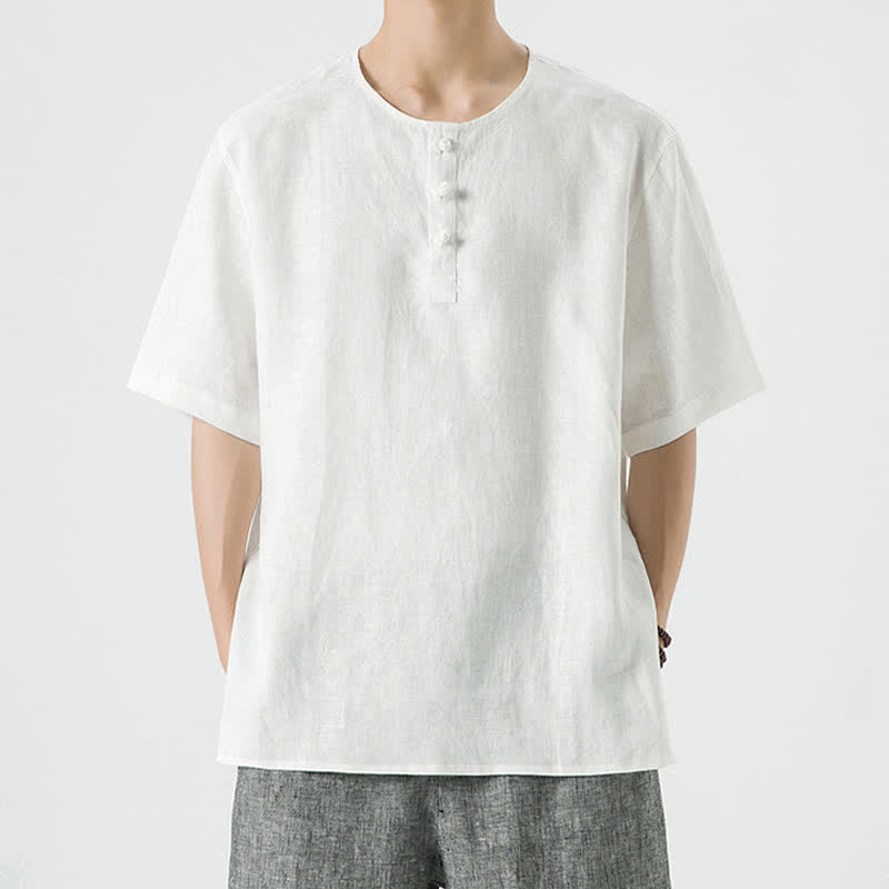 Buddha Stones Summer Casual Minimalist Side Slit Solid Crew Neck Linen Men's Short Sleeve Shirts - White - US/UK/AU46，EU56 (5XL) - image 41