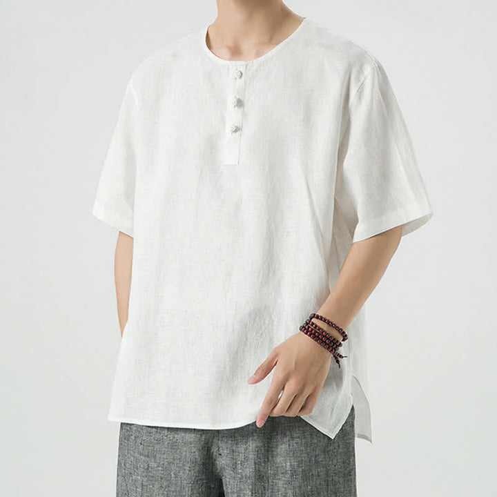 Buddha Stones Summer Casual Minimalist Side Slit Solid Crew Neck Linen Men's Short Sleeve Shirts - image 47