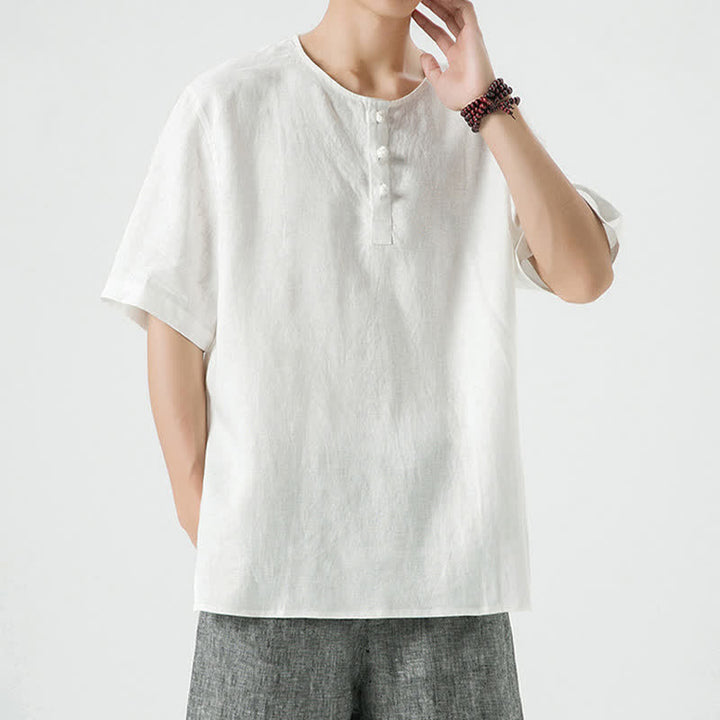 Buddha Stones Summer Casual Minimalist Side Slit Solid Crew Neck Linen Men's Short Sleeve Shirts - image 50