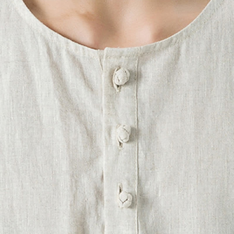 Buddha Stones Summer Casual Minimalist Side Slit Solid Crew Neck Linen Men's Short Sleeve Shirts - image 8