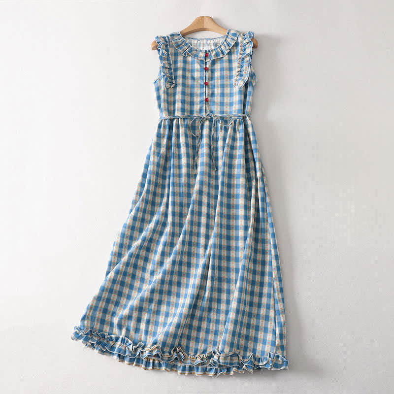 Buddha Stones Summer Button-Up Drawstring Gingham Women's Summer Sleeveless Dress With Pockets - LightSkyBlue - US12，UK/AU16，EU44 (2XL) - image 0