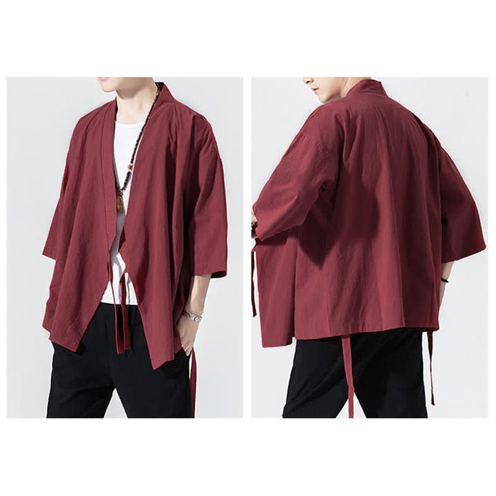 Buddha Stones Summer Casual Minimalist Drawstring Solid Elbow-Length Sleeve Men's Kimono - image 25