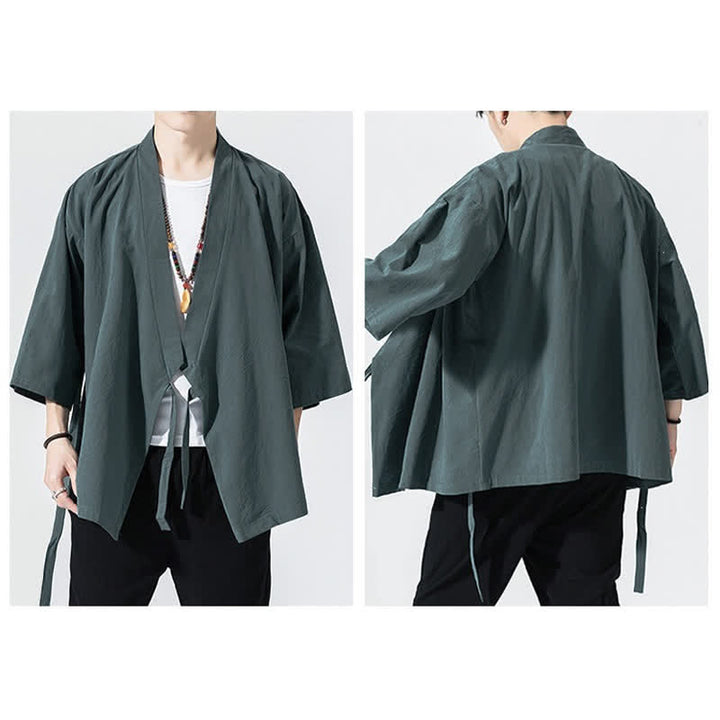 Buddha Stones Summer Casual Minimalist Drawstring Solid Elbow-Length Sleeve Men's Kimono - image 4