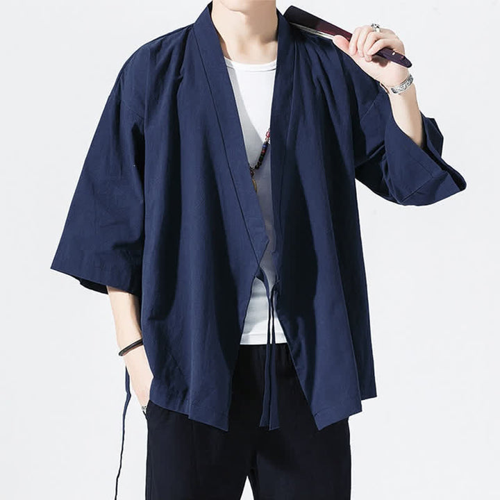 Buddha Stones Summer Casual Minimalist Drawstring Solid Elbow-Length Sleeve Men's Kimono - image 15