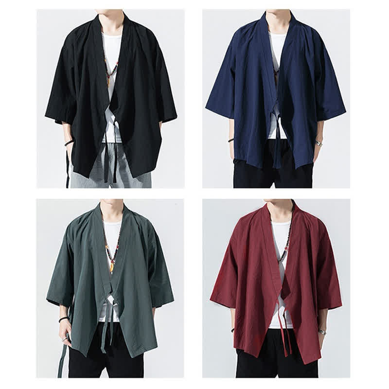 Buddha Stones Summer Casual Minimalist Drawstring Solid Elbow-Length Sleeve Men's Kimono - image 26