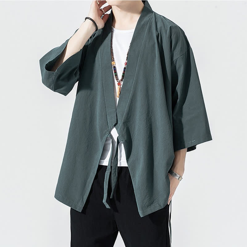Buddha Stones Summer Casual Minimalist Drawstring Solid Elbow-Length Sleeve Men's Kimono - image 2