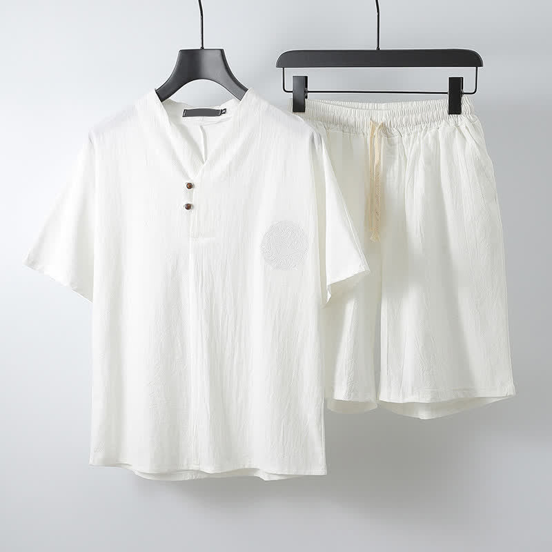 Buddha Stones 2Pcs Summer Tang Style Casual Embroidery Solid Cotton Linen Short Sleeve Shirt Shorts Men's Meditation Cloth With Pocket - White - US/UK/AU54, EU64 (9XL) - image 12