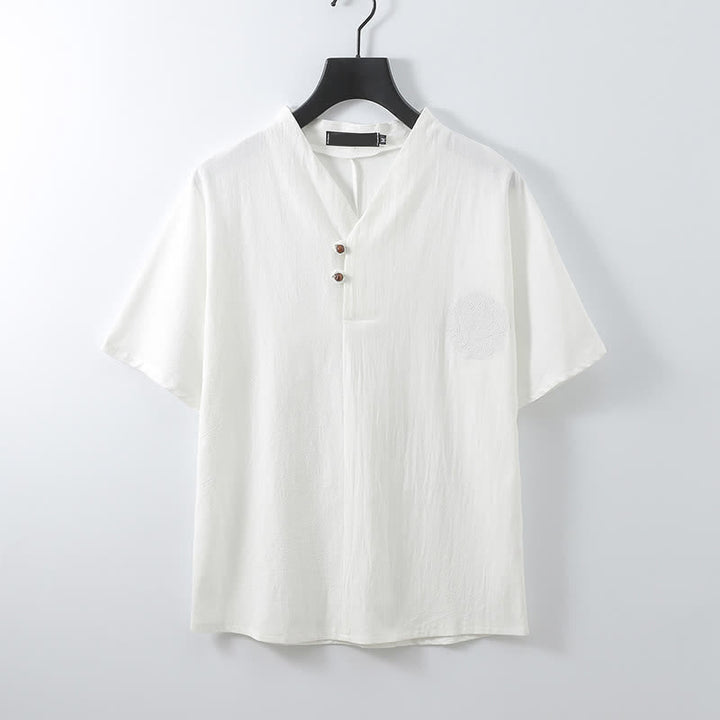 Buddha Stones 2Pcs Summer Tang Style Casual Embroidery Solid Cotton Linen Short Sleeve Shirt Shorts Men's Meditation Cloth With Pocket - image 13