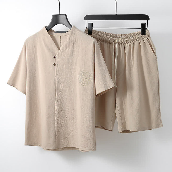 Buddha Stones 2Pcs Summer Tang Style Casual Embroidery Solid Cotton Linen Short Sleeve Shirt Shorts Men's Meditation Cloth With Pocket - Beige - US/UK/AU54, EU64 (9XL) - image 9