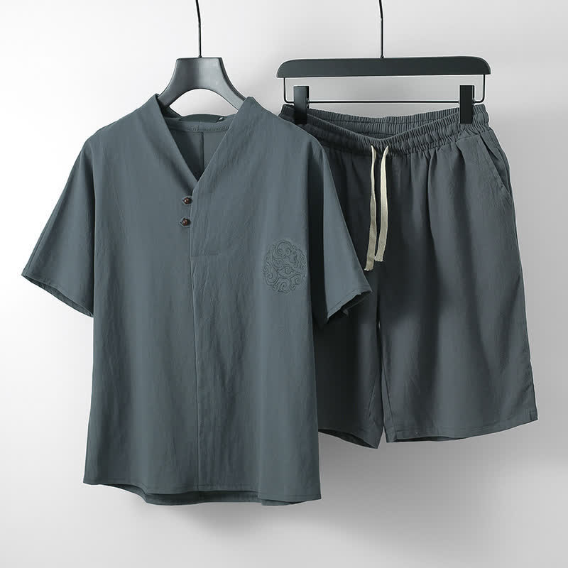 Buddha Stones 2Pcs Summer Tang Style Casual Embroidery Solid Cotton Linen Short Sleeve Shirt Shorts Men's Meditation Cloth With Pocket - DimGray - US/UK/AU54, EU64 (9XL) - image 0