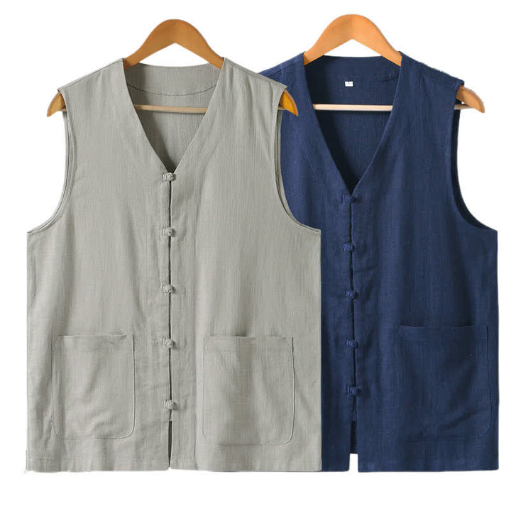 Buddha Stones Summer Tang Style Casual Frog Button Solid V-Neck Tank Top Men's Sleeveless Shirts With Pockets - image 12
