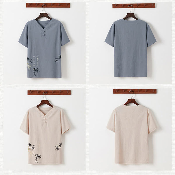 Buddha Stones 2Pcs Summer Tang Style Casual Frog Button Bamboo Print Cotton Linen Short Sleeve Shirt Pants Men's Meditation Cloth With Pockets - image 21