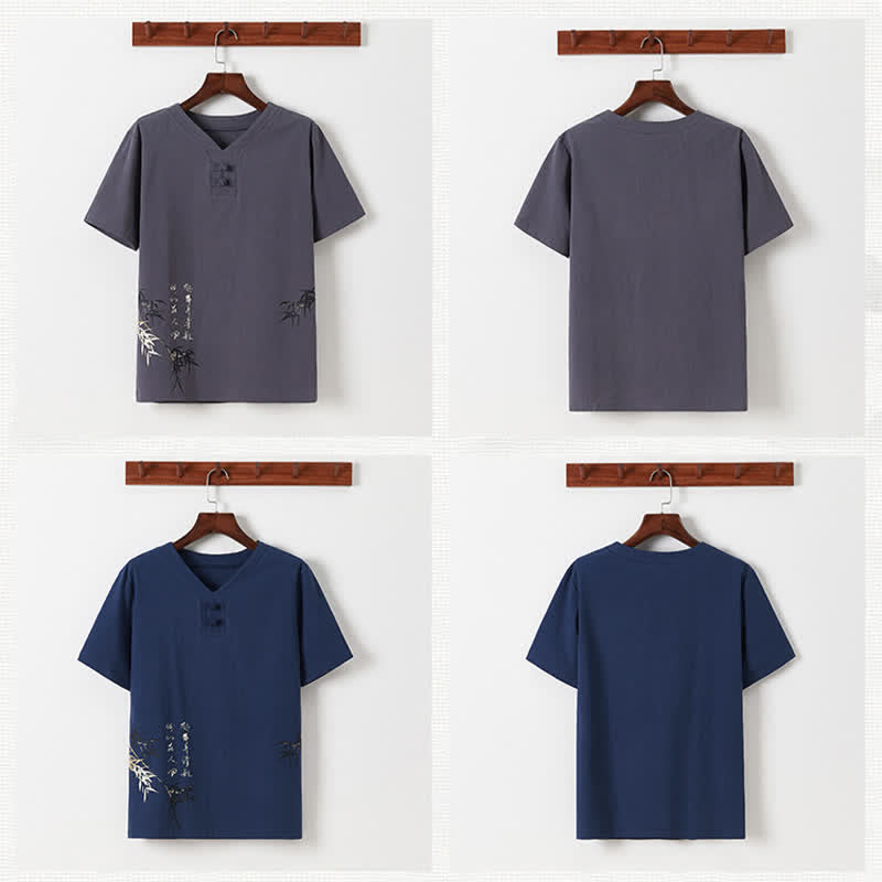 Buddha Stones 2Pcs Summer Tang Style Casual Frog Button Bamboo Print Cotton Linen Short Sleeve Shirt Pants Men's Meditation Cloth With Pockets - image 23