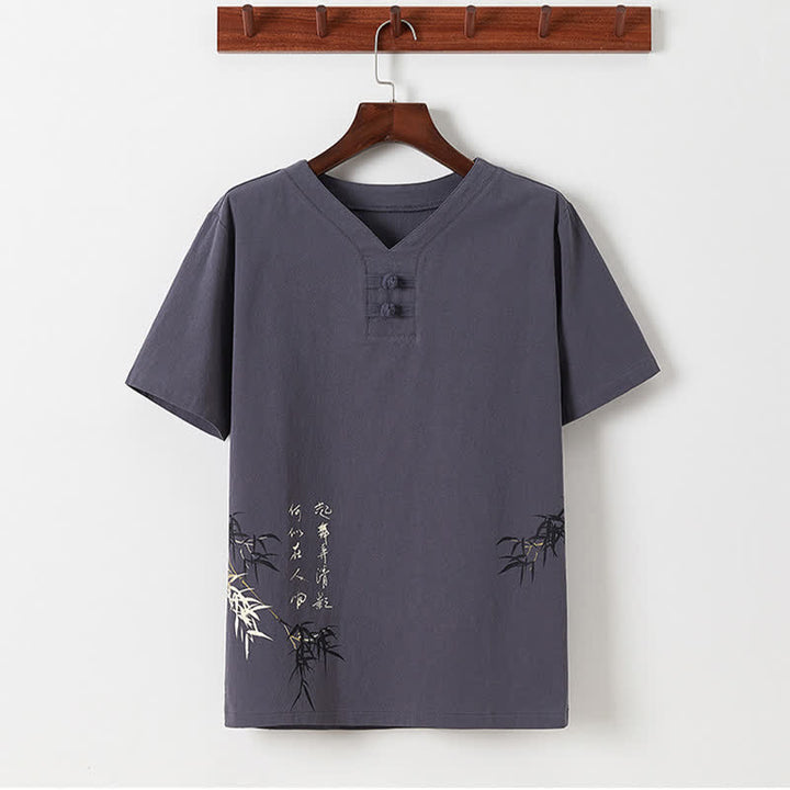 Buddha Stones 2Pcs Summer Tang Style Casual Frog Button Bamboo Print Cotton Linen Short Sleeve Shirt Pants Men's Meditation Cloth With Pockets - image 18