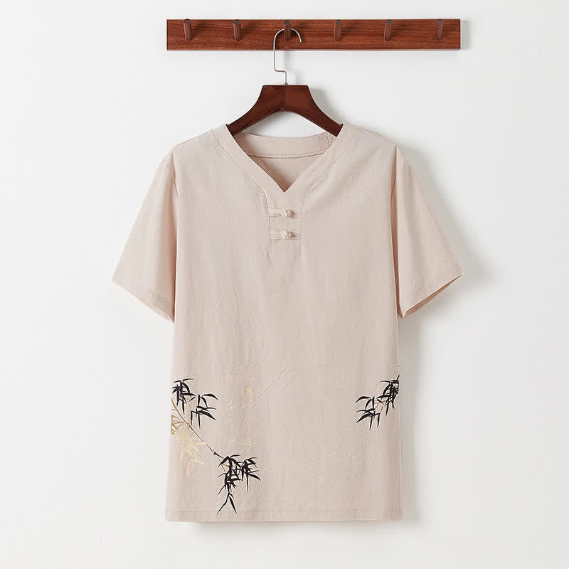 Buddha Stones 2Pcs Summer Tang Style Casual Frog Button Bamboo Print Cotton Linen Short Sleeve Shirt Pants Men's Meditation Cloth With Pockets - image 20