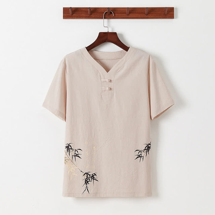 Buddha Stones 2Pcs Summer Tang Style Casual Frog Button Bamboo Print Cotton Linen Short Sleeve Shirt Pants Men's Meditation Cloth With Pockets - image 20