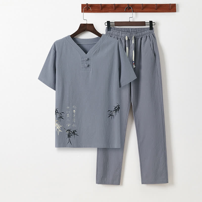 Buddha Stones 2Pcs Summer Tang Style Casual Frog Button Bamboo Print Cotton Linen Short Sleeve Shirt Pants Men's Meditation Cloth With Pockets - Gainsboro - US/UK/AU46, EU56 (5XL) - image 0