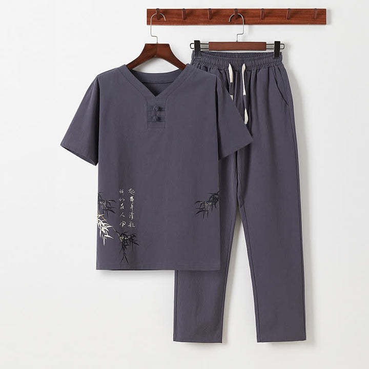 Buddha Stones 2Pcs Summer Tang Style Casual Frog Button Bamboo Print Cotton Linen Short Sleeve Shirt Pants Men's Meditation Cloth With Pockets - DimGray - US/UK/AU46, EU56 (5XL) - image 17