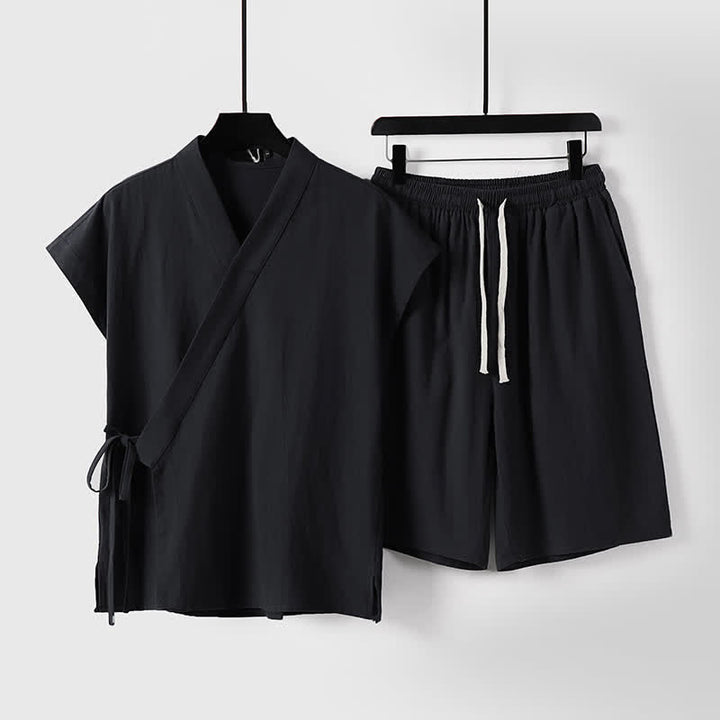 Buddha Stones 2Pcs Summer Meditation Tang Style Drawstring Solid Cotton Linen Short Sleeve Shirt Shorts Men's Meditation Cloth With Pockets - Black - US/UK/AU54, EU64 (9XL) - image 3