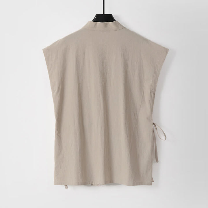 Buddha Stones 2Pcs Summer Meditation Tang Style Drawstring Solid Cotton Linen Short Sleeve Shirt Shorts Men's Meditation Cloth With Pockets - image 11