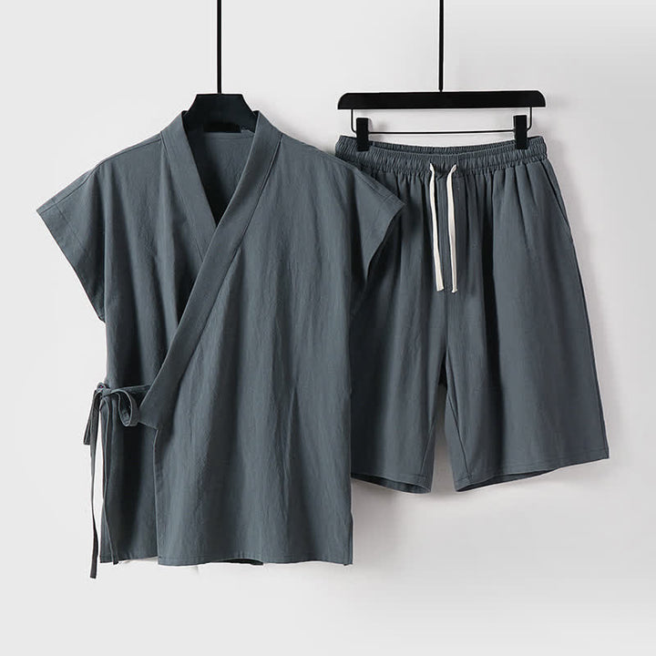 Buddha Stones 2Pcs Summer Meditation Tang Style Drawstring Solid Cotton Linen Short Sleeve Shirt Shorts Men's Meditation Cloth With Pockets - DimGray - US/UK/AU54, EU64 (9XL) - image 6