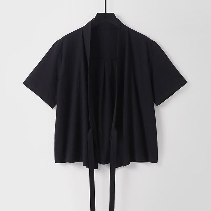 Buddha Stones Summer Casual Minimalist Short Sleeve Solid Lace-up Open Front Cotton Linen Men's Kimono - Black - US/UK/AU54, EU64 (9XL) - image 3