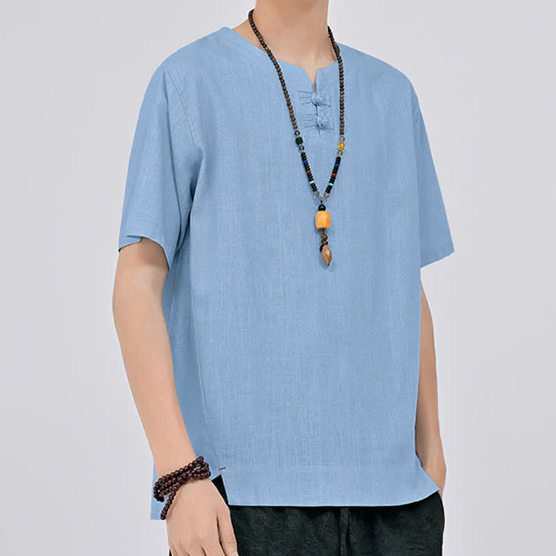 Buddha Stones Summer Tang Style Minimalist Two Frog Button Crew Neck Solid Men's Short Sleeve Shirts - image 15