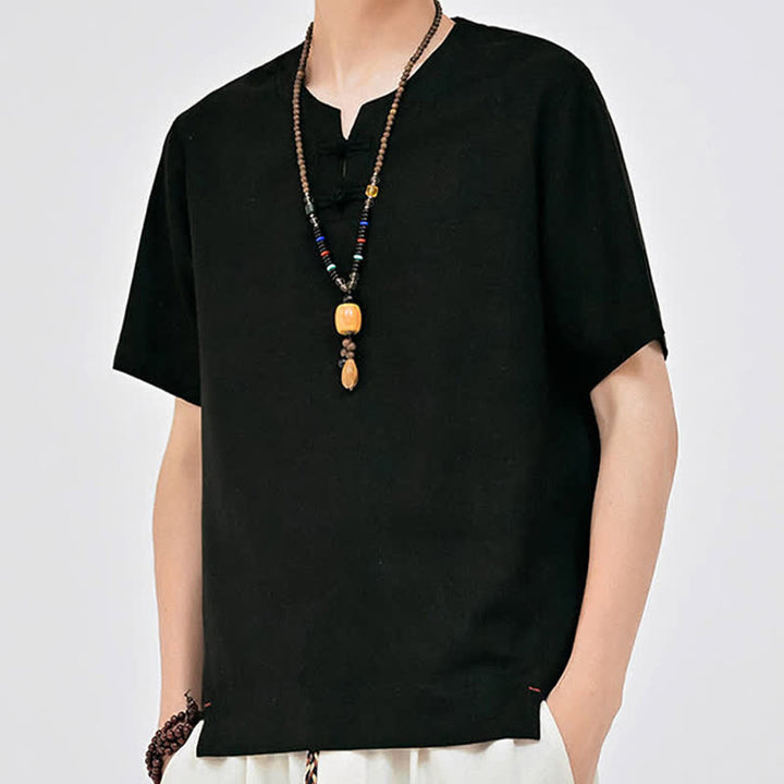 Buddha Stones Summer Tang Style Minimalist Two Frog Button Crew Neck Solid Men's Short Sleeve Shirts - image 13
