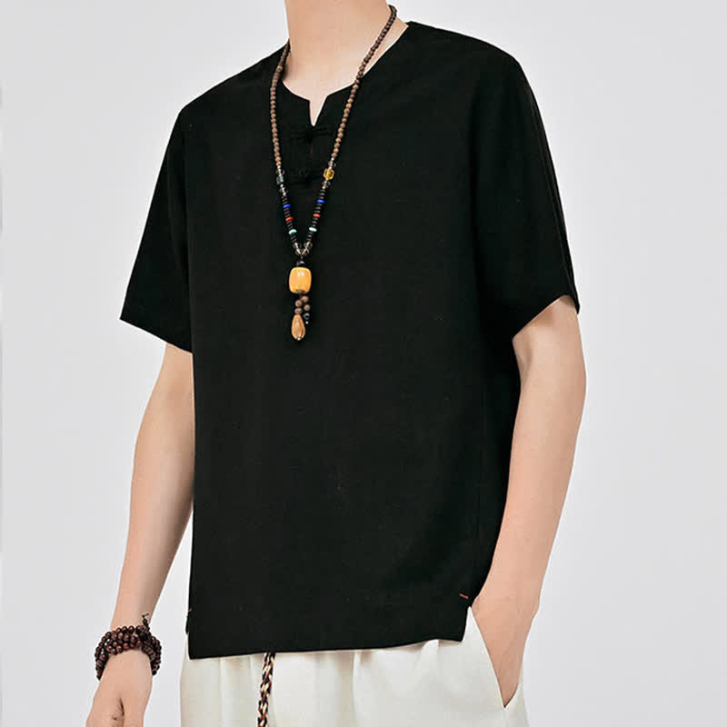 Buddha Stones Summer Tang Style Minimalist Two Frog Button Crew Neck Solid Men's Short Sleeve Shirts - image 9