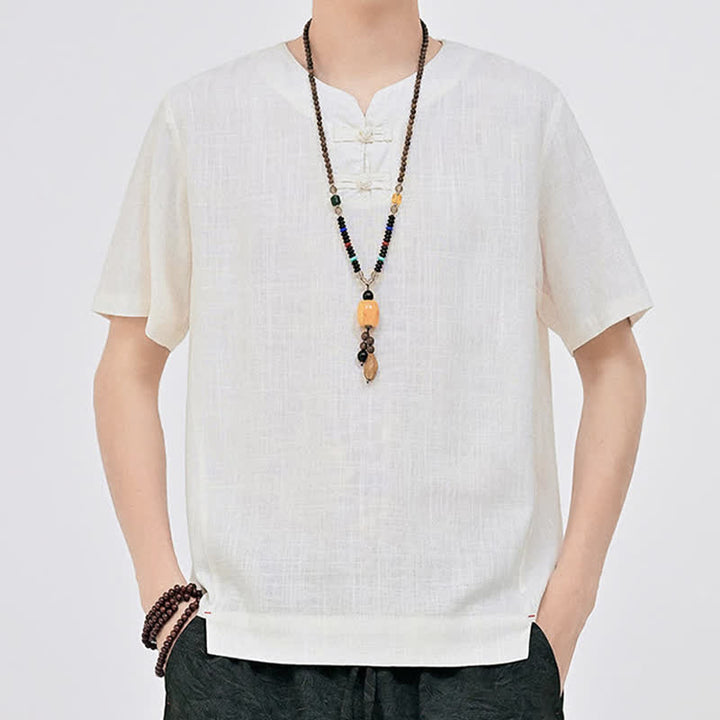 Buddha Stones Summer Tang Style Minimalist Two Frog Button Crew Neck Solid Men's Short Sleeve Shirts - image 3