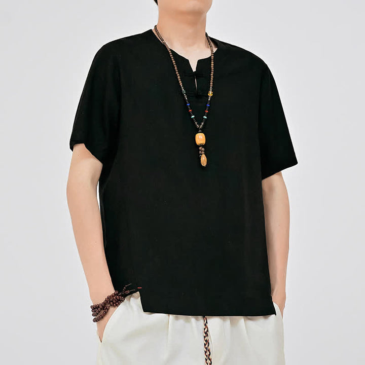 Buddha Stones Summer Tang Style Minimalist Two Frog Button Crew Neck Solid Men's Short Sleeve Shirts - image 8