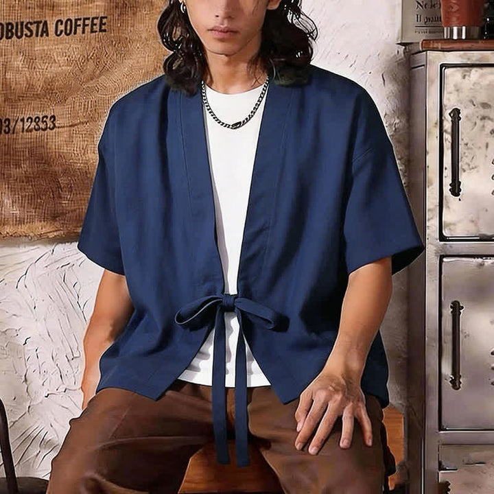 Buddha Stones Summer Casual Minimalist Short Sleeve Solid Lace-up Open Front Cotton Linen Men's Kimono - image 9