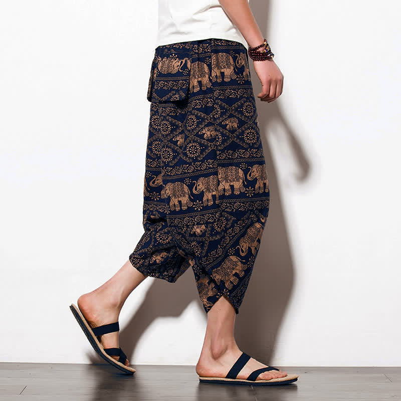 Buddha Stones Elephant Brown Black Print Men's Long Cropped Harem Pants With Pockets - Cropped Style Elephant - US/UK/AU46，EU56 (5XL) - image 9