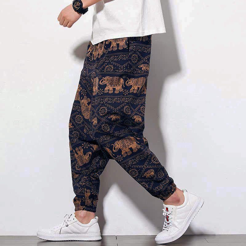Buddha Stones Elephant Brown Black Print Men's Long Cropped Harem Pants With Pockets - Long Style Elephant - US/UK/AU46，EU56 (5XL) - image 0