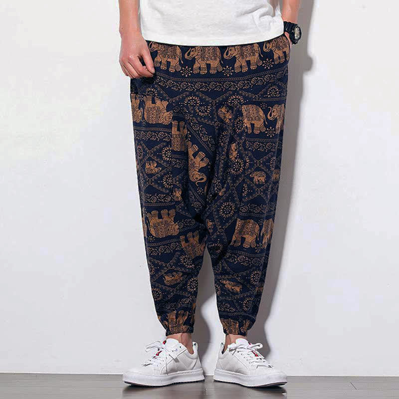 Buddha Stones Elephant Brown Black Print Men's Long Cropped Harem Pants With Pockets - image 6