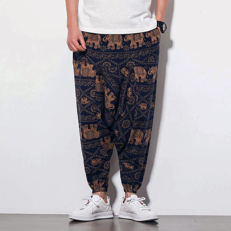 Buddha Stones Elephant Brown Black Print Men's Long Cropped Harem Pants With Pockets - image 1