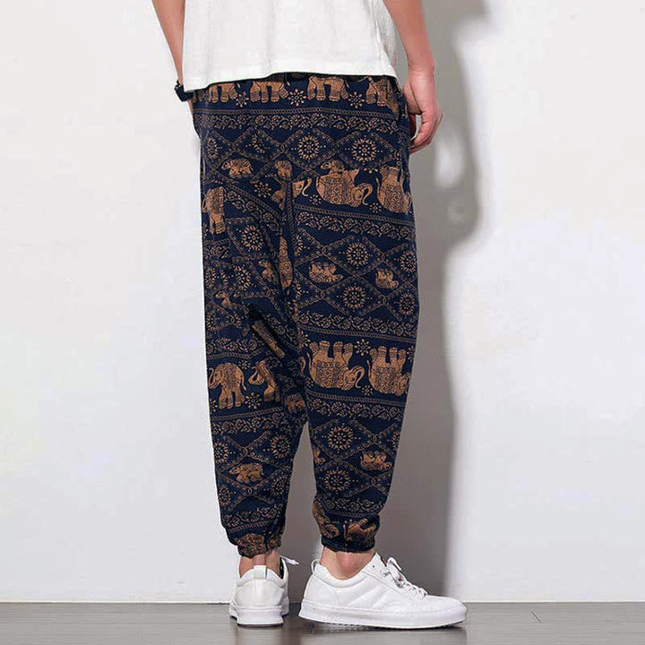 Buddha Stones Elephant Brown Black Print Men's Long Cropped Harem Pants With Pockets - image 2